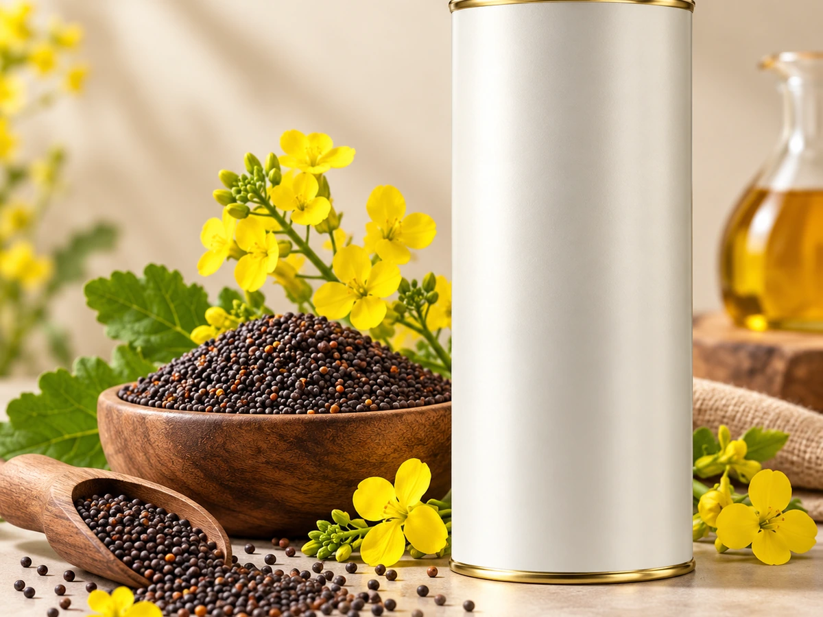 Bye Bye Chemical project image: mustard seeds, flowers and oil beside a product tin