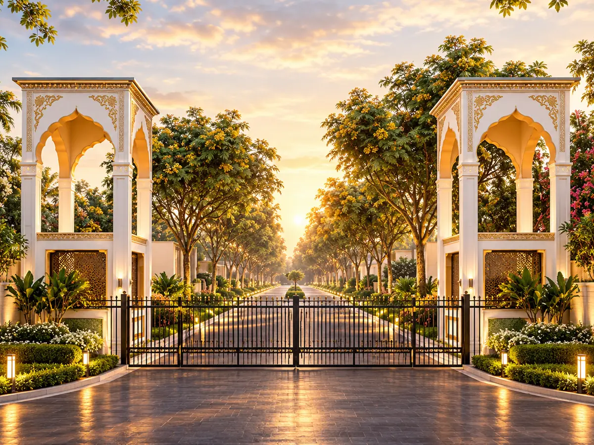 Harigarh Estate project image: a gated entrance with arched pillars and a tree-lined drive