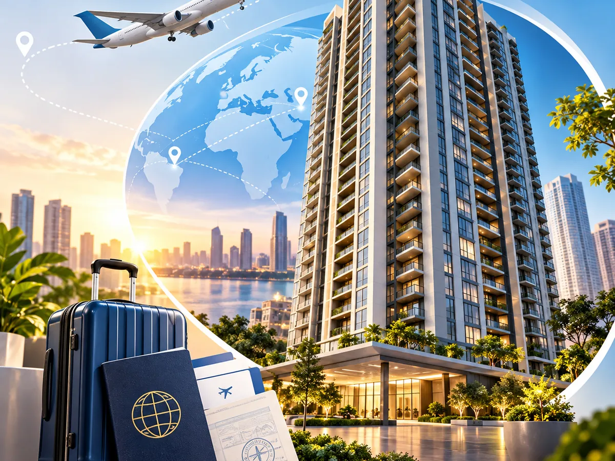 Kaizon Immigration project image: a plane, passport and suitcase in front of a city skyline