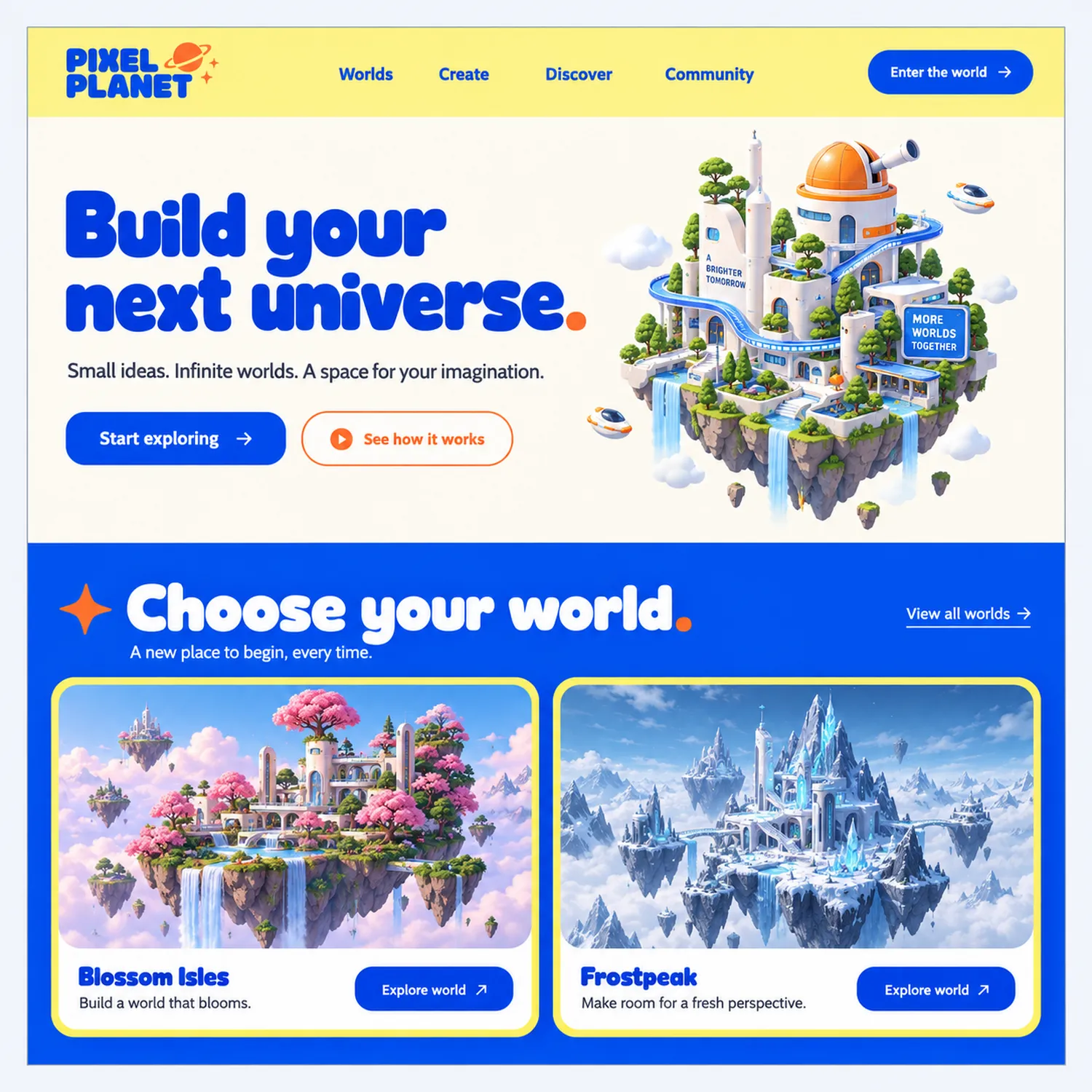 Homepage prototype for a creative platform called Pixel Planet, in bright yellow and blue, with the words Build your next universe in a rounded typeface and detailed 3D illustrations of floating islands with waterfalls and towers.