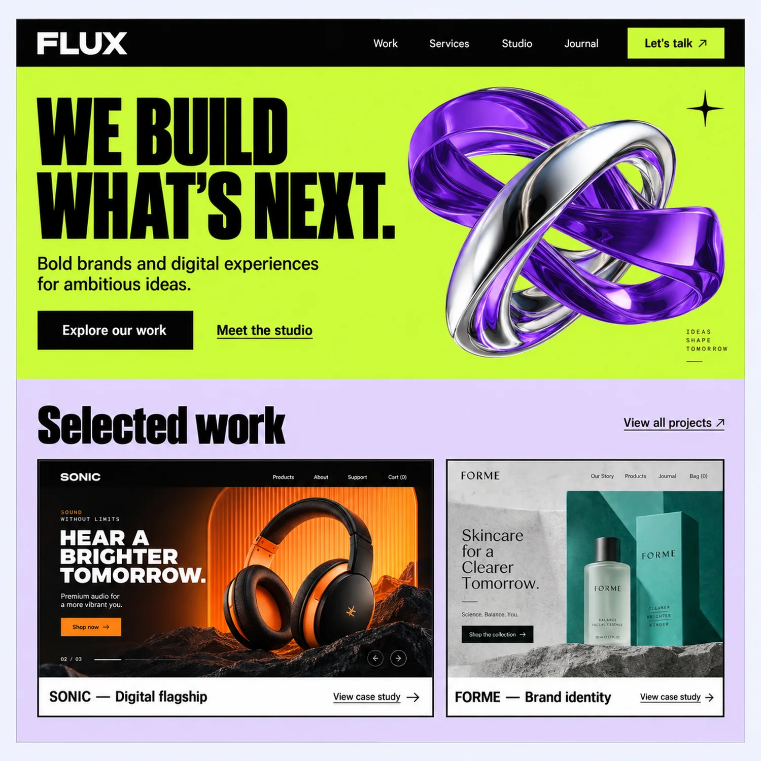Homepage prototype for a design studio called Flux, with an acid green background, the words We build what is next set in enormous black condensed capitals, and a chrome and purple twisted 3D shape to the right.