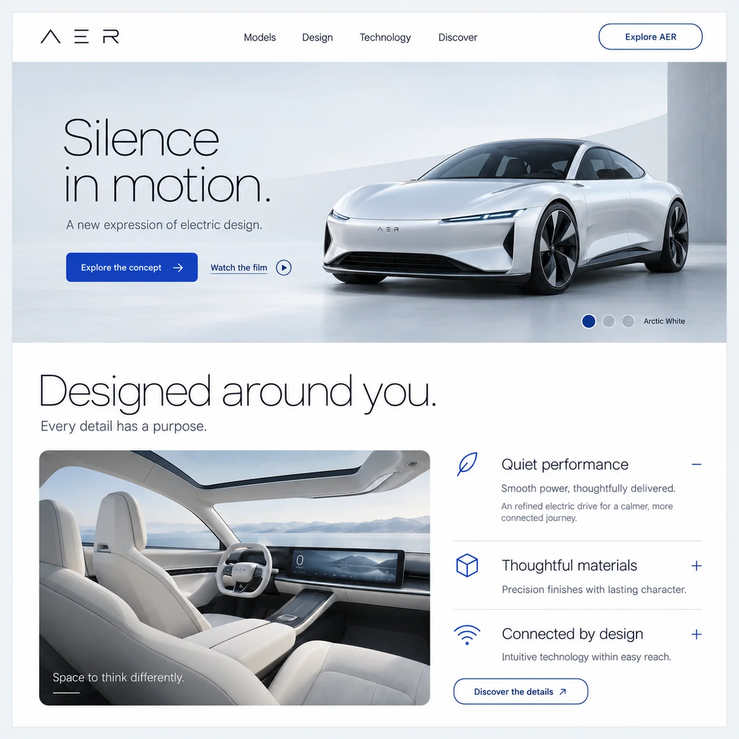 Homepage prototype for an electric vehicle brand called Aer, in pale grey, with the words Silence in motion set in a very light thin typeface, a white car in a studio, and an accordion list of three features below.