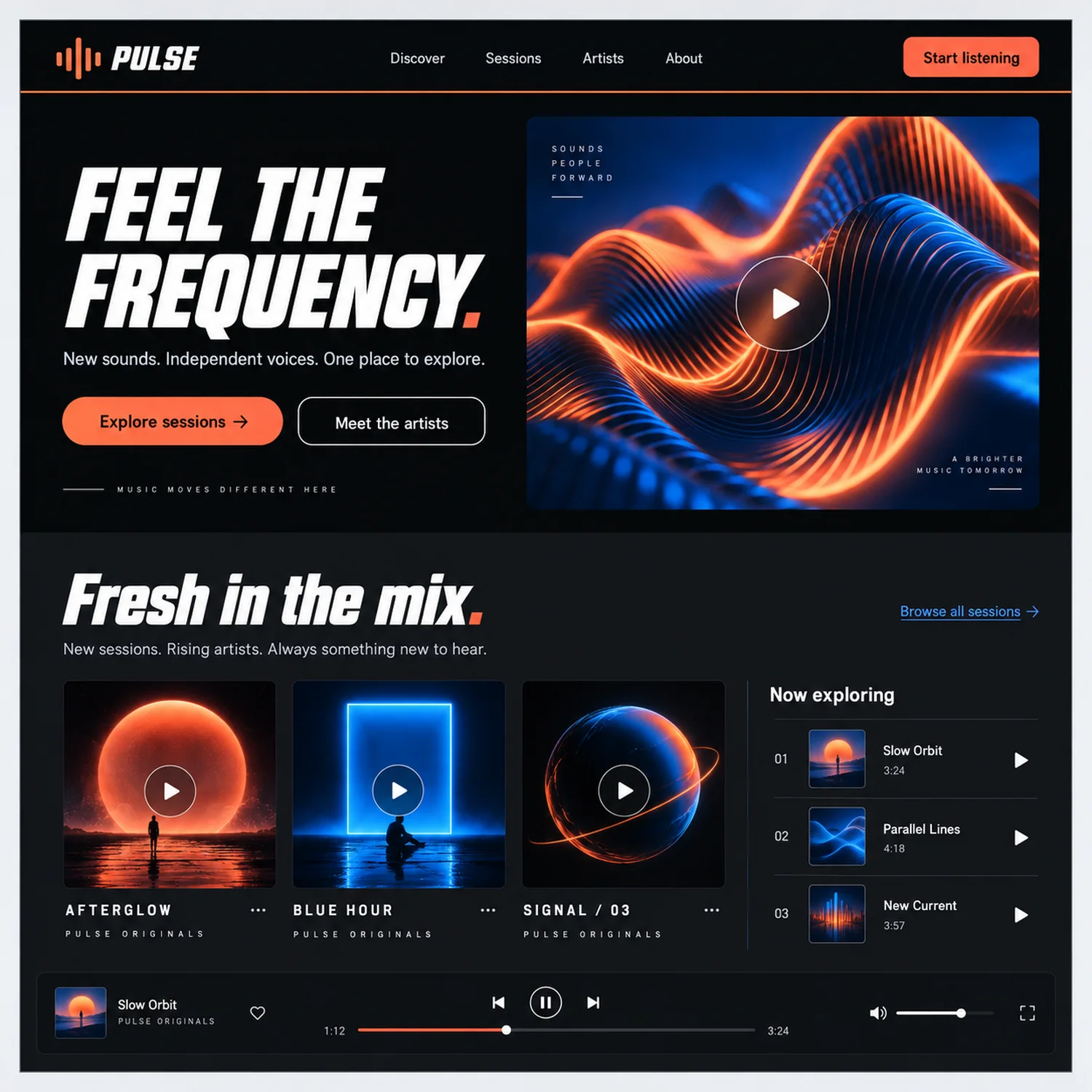 Homepage prototype for a music platform called Pulse, in near black with orange accents, showing the headline Feel the frequency, a glowing waveform with a play button, three session cards and a persistent player bar along the bottom.