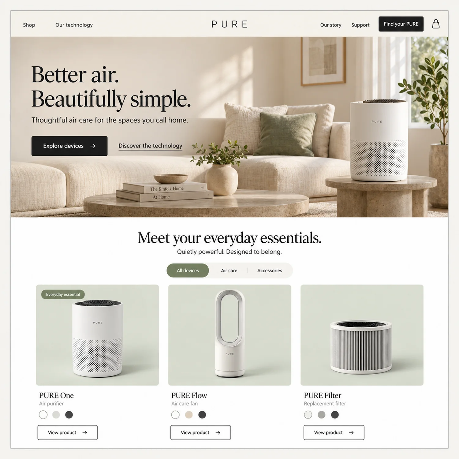 Homepage prototype for an air care brand called Pure, in cream and sage with a serif headline reading Better air, beautifully simple, above a filter row and three product cards showing a purifier, a fan and a replacement filter.
