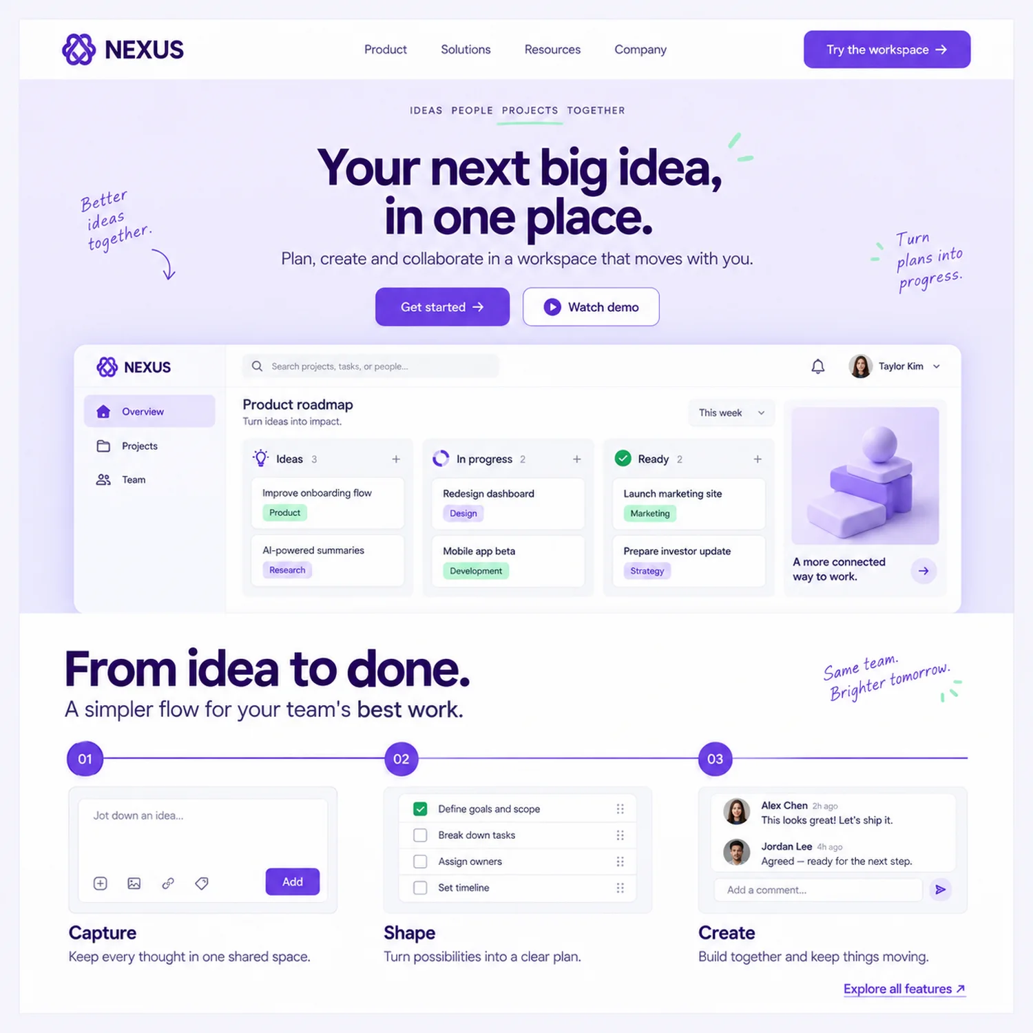 Homepage prototype for a workspace product called Nexus, in white and violet, showing the headline Your next big idea in one place above a product screenshot of a roadmap board with columns for Ideas, In progress and Ready.