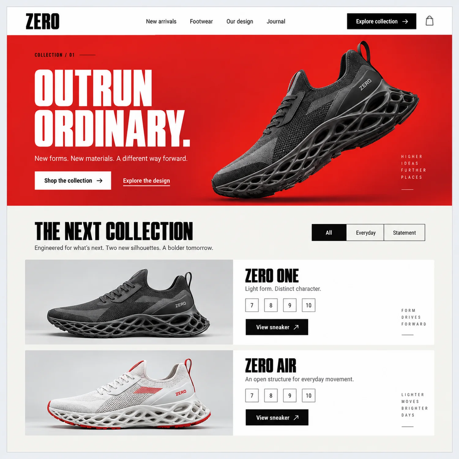 Homepage prototype for a footwear brand called Zero, with a red hero panel, the words Outrun ordinary in large white condensed capitals, a dark running shoe with a lattice sole, and two product rows below with size selectors.