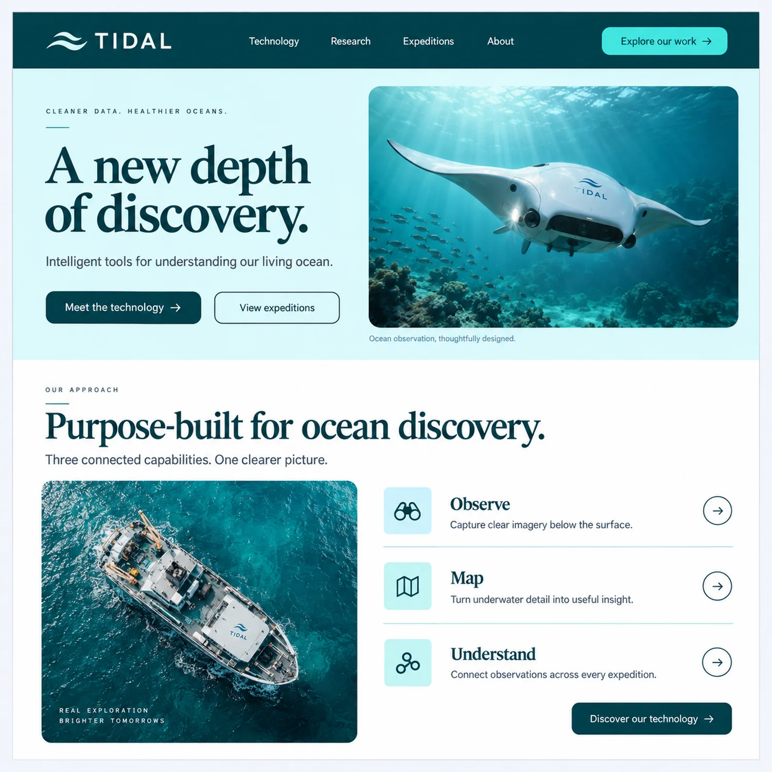 Homepage prototype for an ocean technology company called Tidal, in deep teal and pale blue, showing an underwater drone shaped like a manta ray and a list of three capabilities labelled Observe, Map and Understand.