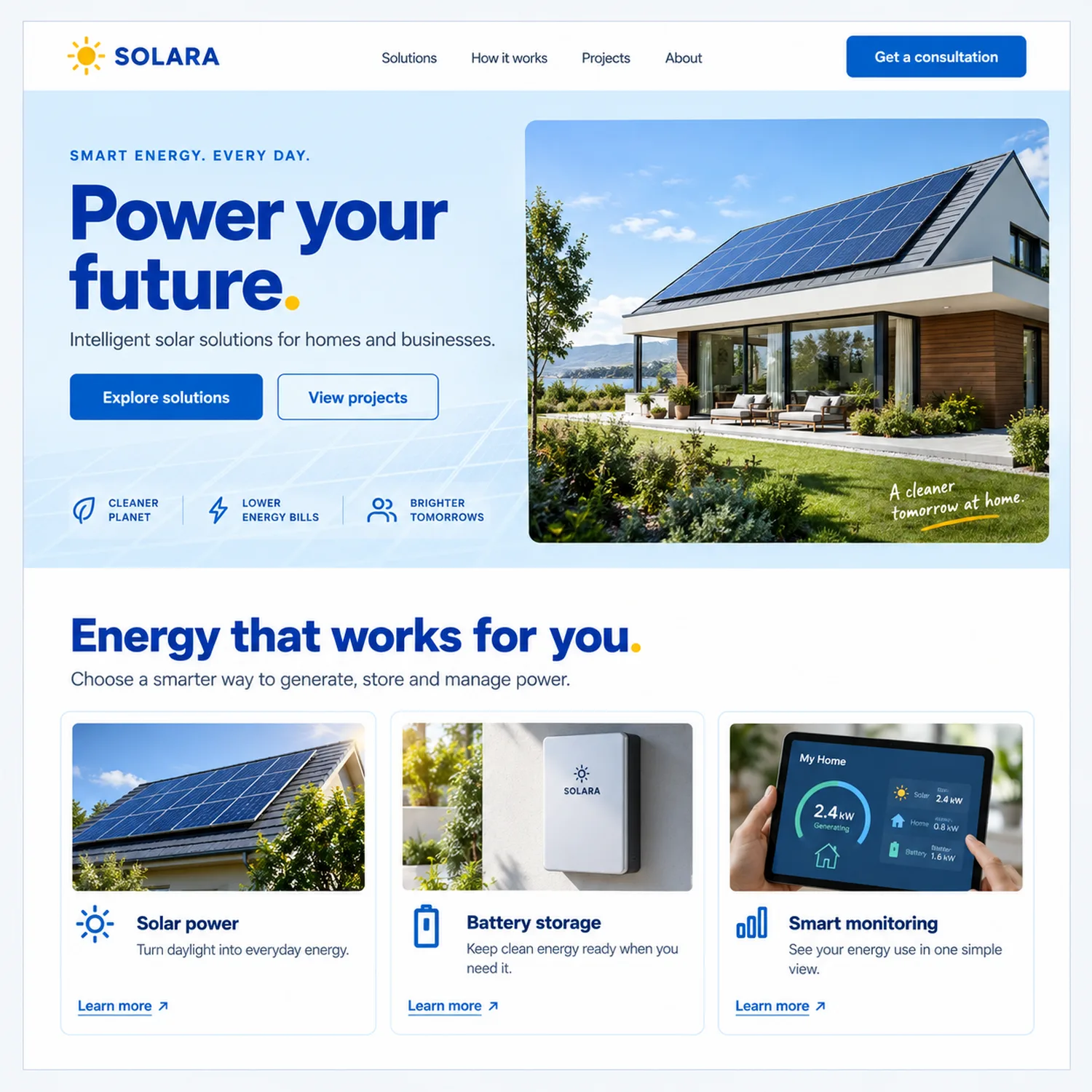 Homepage prototype for a solar energy company called Solara, in blue and white, with the headline Power your future, a photograph of a modern house with roof panels, and a row of three feature cards for solar power, battery storage and smart monitoring.
